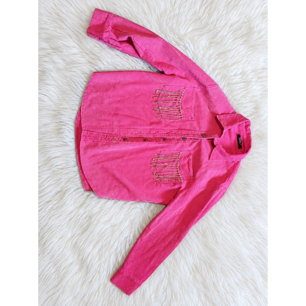 Vintage Y2K Blue B Collection Pink Corduroy Rhinestone Fringe Jacket Sz S